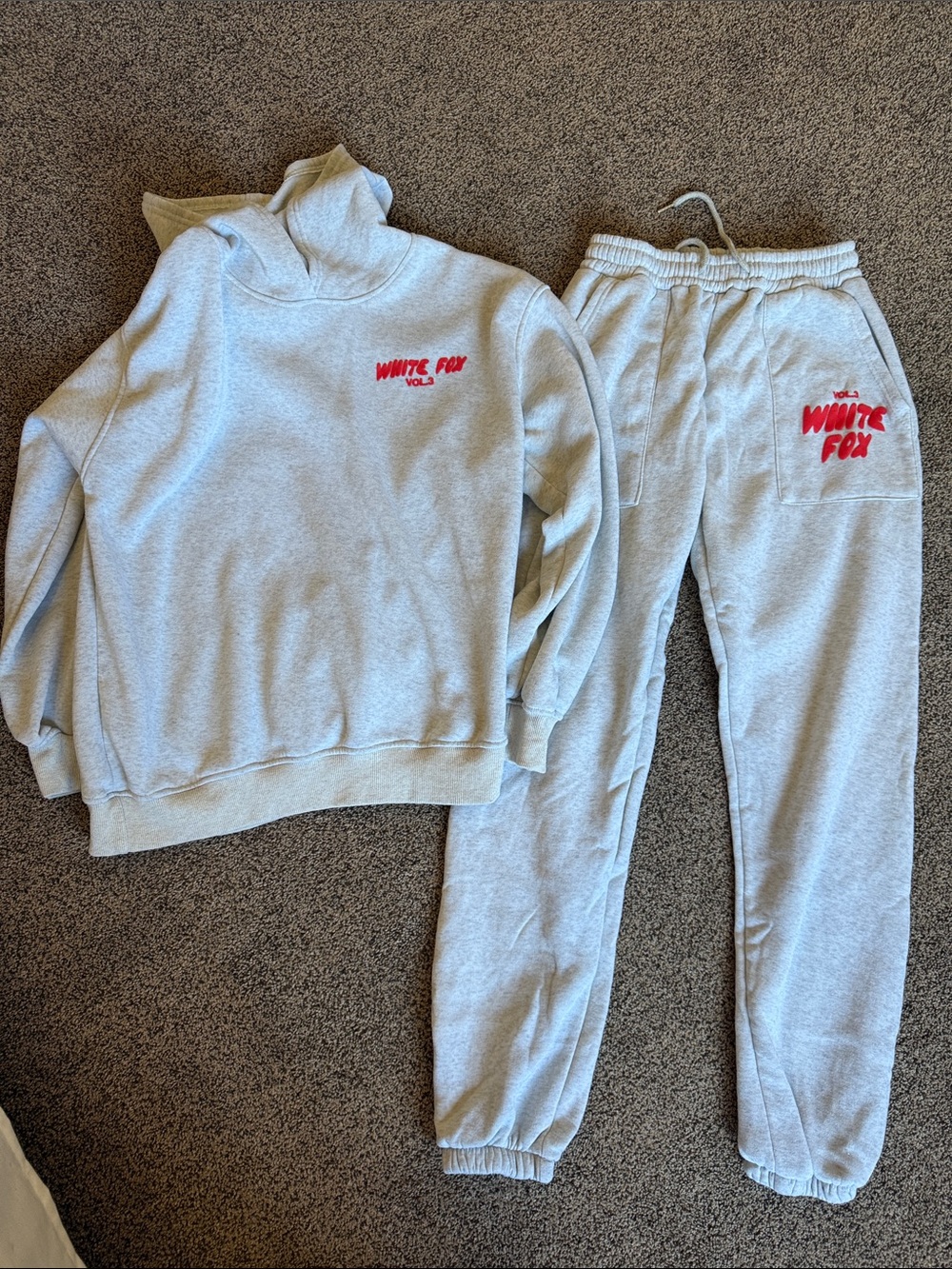 White Fox Boutique Light Gray Sweatshirt & Joggers Set with Red Logo